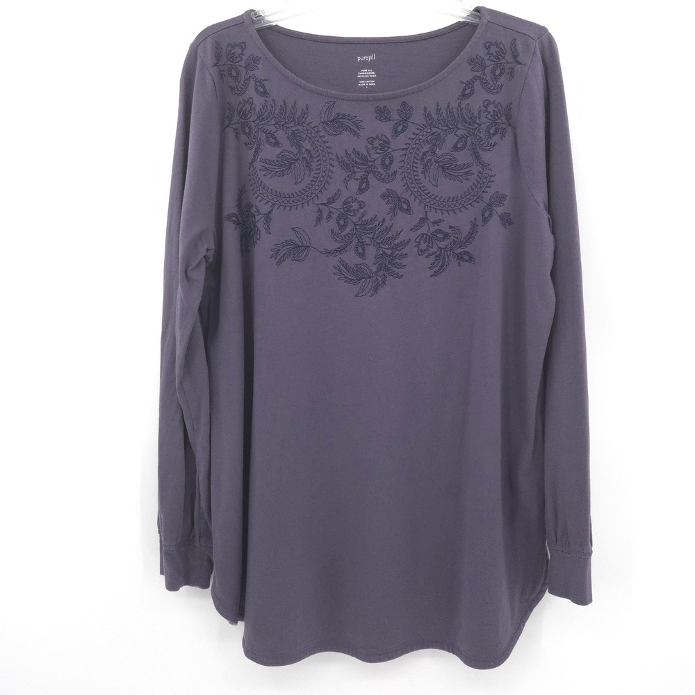 Pure Jill Embroidered Neckline Tunic‎ Womens Large Purple Cotton Long Sleeve Top